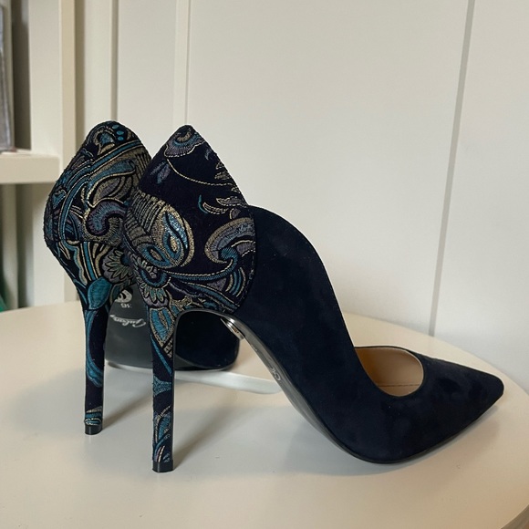 Navy Suede High Heels with Pattern - Picture 1 of 6